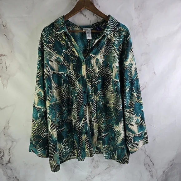 Catherines Shirt Womens 3X 26W 28W Green Blouse Button Up Long Sleeve Top - Picture 1 of 10